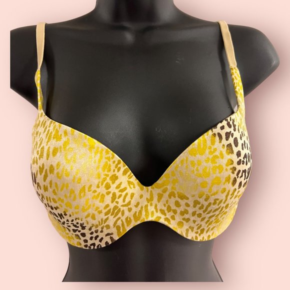 Victoria's Secret 34C Pushup Bra Leopard Print Padded Brown Yellow #1582 - Picture 1 of 8